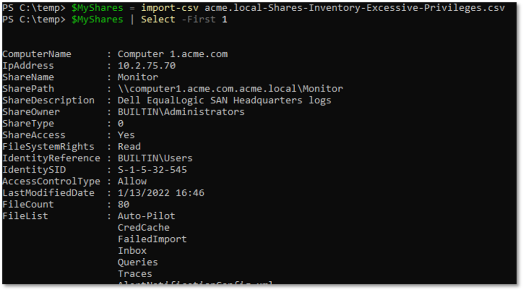 A screenshot detailing how PowerShell can be used to import.csv files for additional analysis.